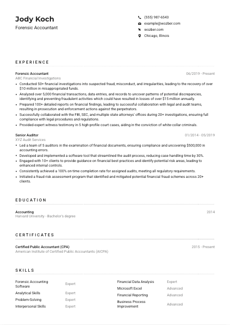 Forensic Accountant Resume Example