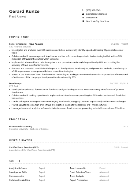 Fraud Analyst Resume Example