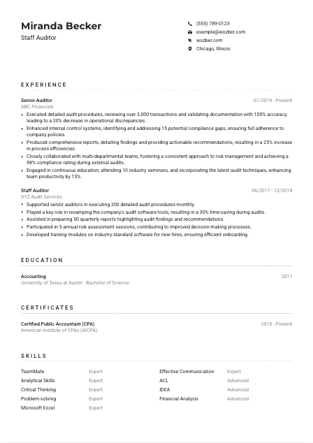 Staff Auditor Resume Example