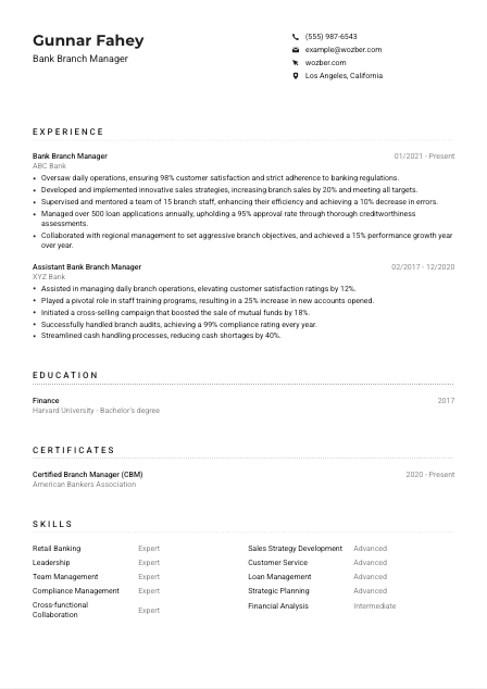 Bank Branch Manager Resume Example