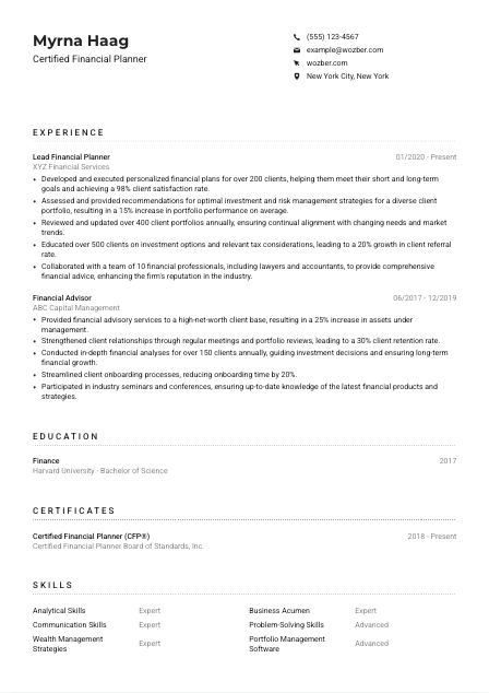 Certified Financial Planner Resume Example
