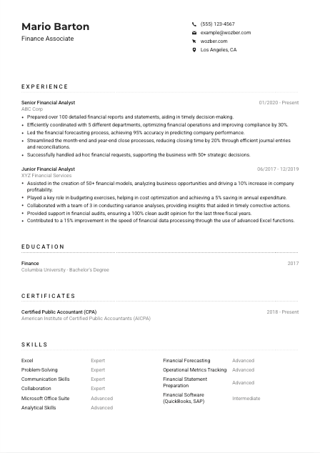 Finance Associate Resume Example