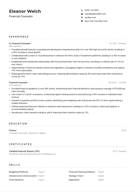 Financial Counselor Resume Example