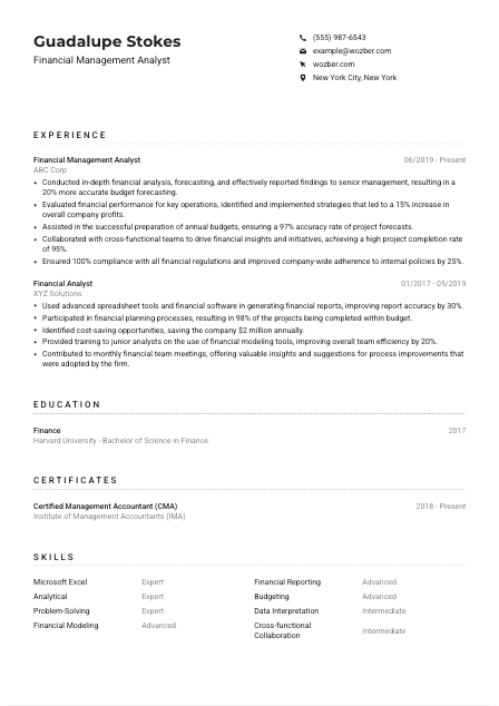 Financial Management Analyst Resume Example