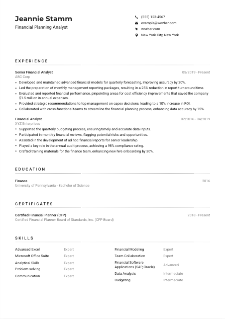 Financial Planning Analyst CV Example