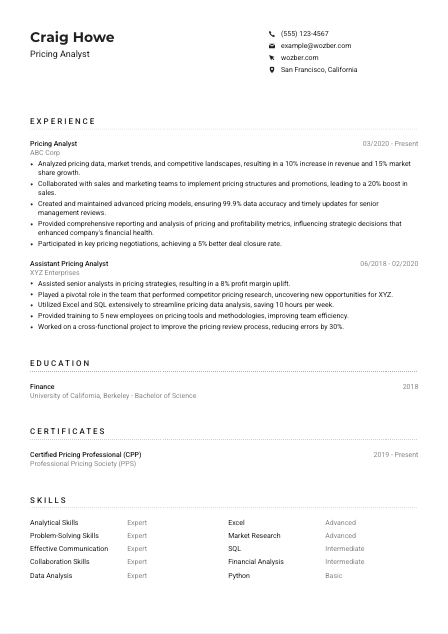Pricing Analyst Resume Example