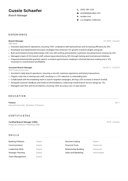 Branch Manager Resume Example