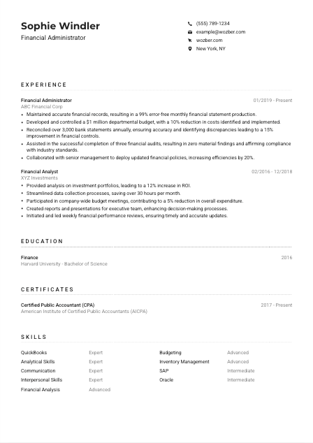 Financial Administrator Resume Example