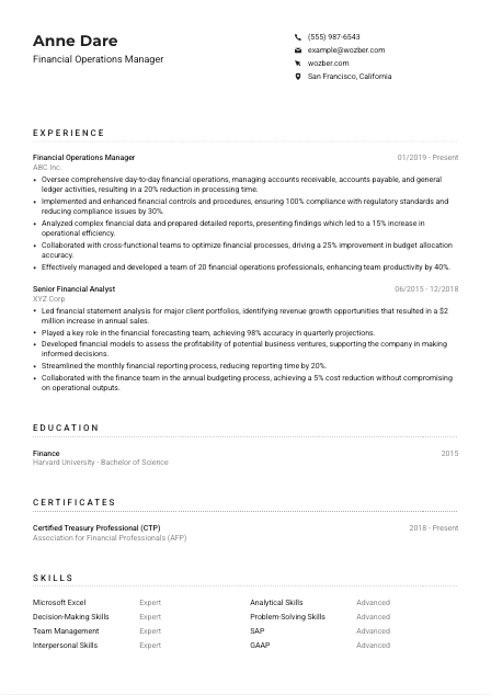 Financial Operations Manager CV Example