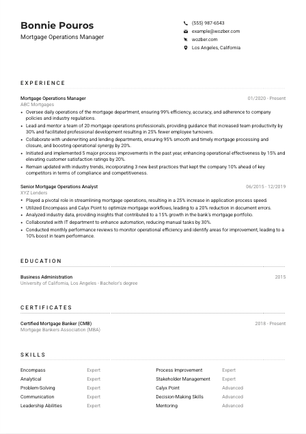 Mortgage Operations Manager Resume Example