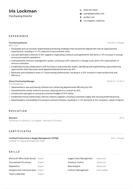 Purchasing Director Resume Example