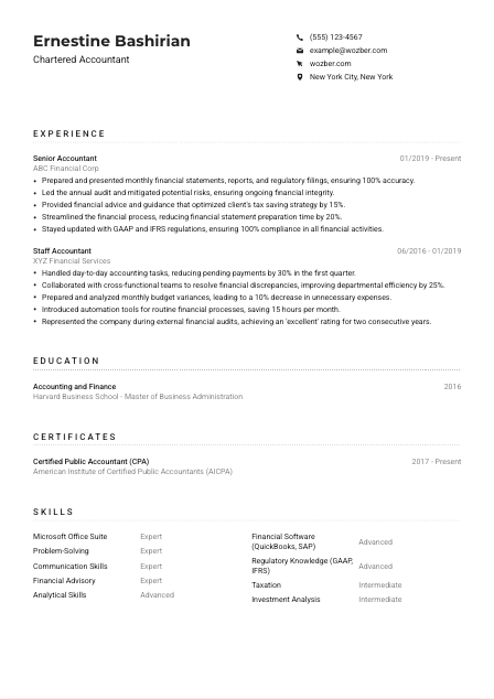 Chartered Accountant CV Example