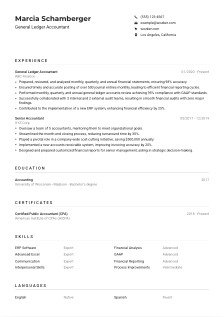 General Ledger Accountant Resume Example