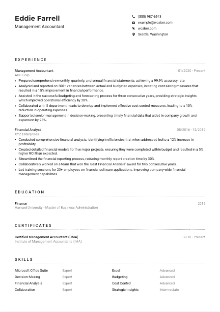 Management Accountant Resume Example