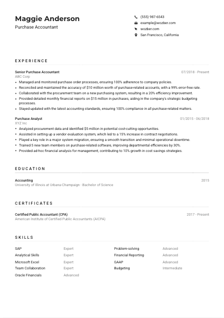 Purchase Accountant CV Example
