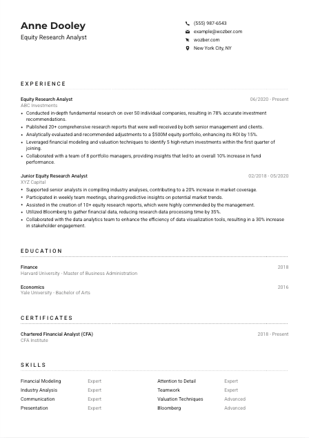 Equity Research Analyst Resume Example