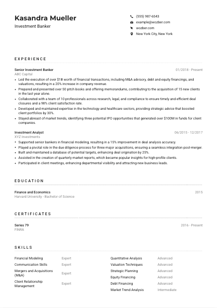 Investment Banker CV Example