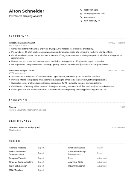 Investment Banking Analyst CV Example