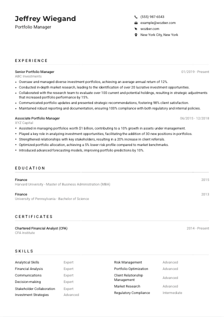 Portfolio Manager CV Example