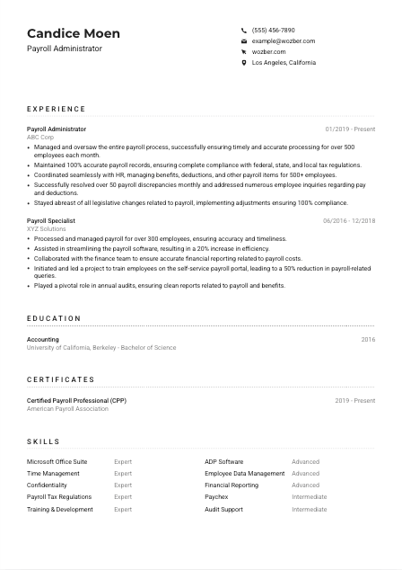 Payroll Administrator Resume Example