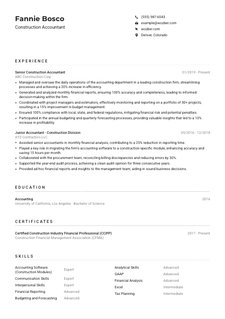Construction Accountant Resume Example