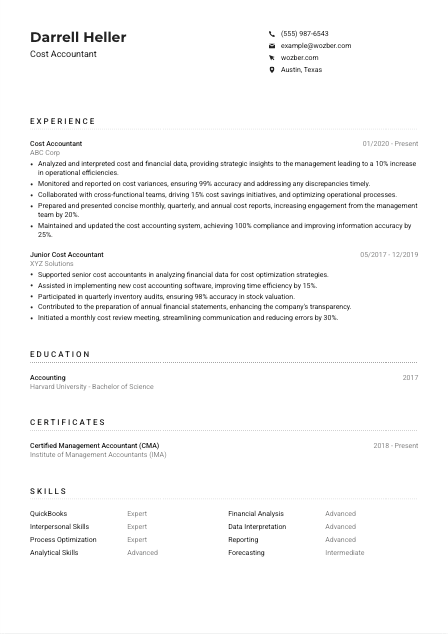 Cost Accountant Resume Example