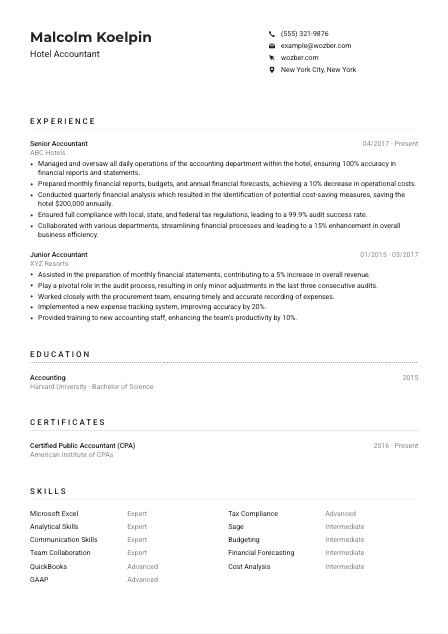 Hotel Accountant CV Example