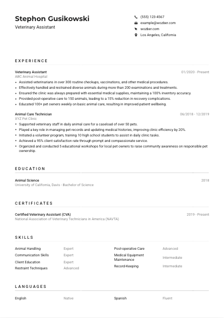 Veterinary Assistant Resume Example