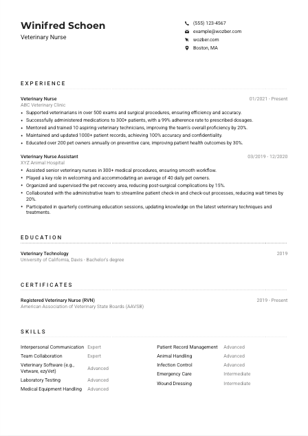 Veterinary Nurse Resume Example