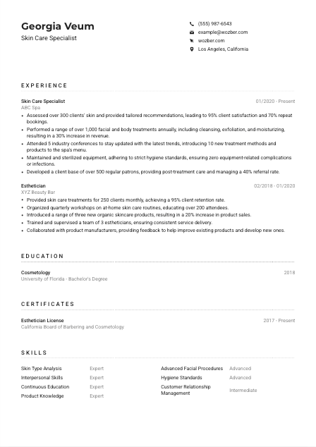 Skin Care Specialist CV Example