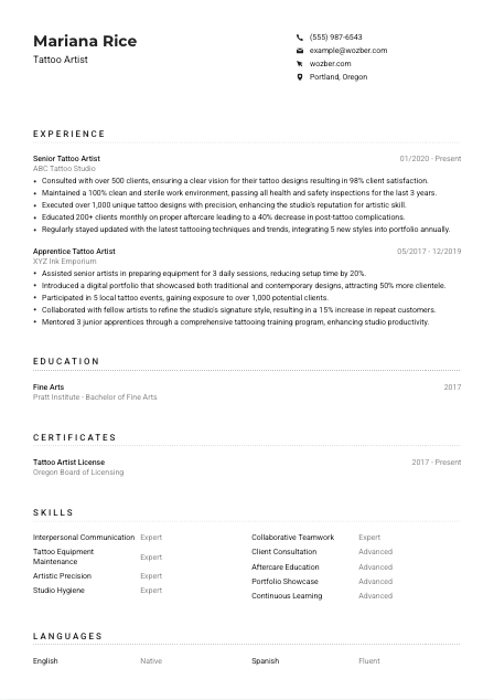 Tattoo Artist Resume Example