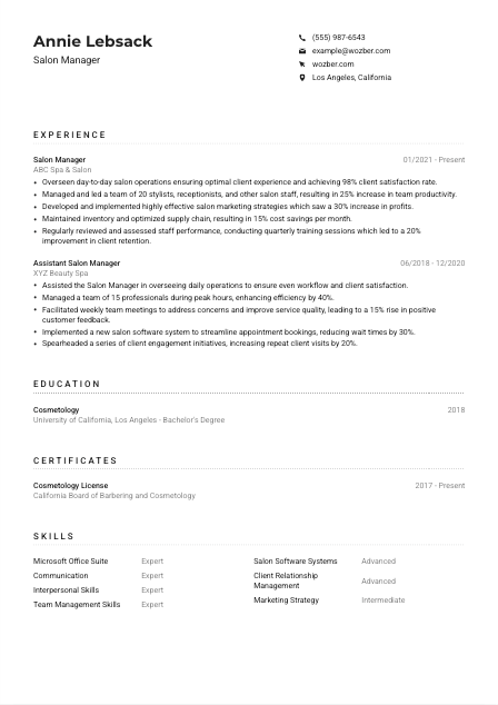 Salon Manager Resume Example