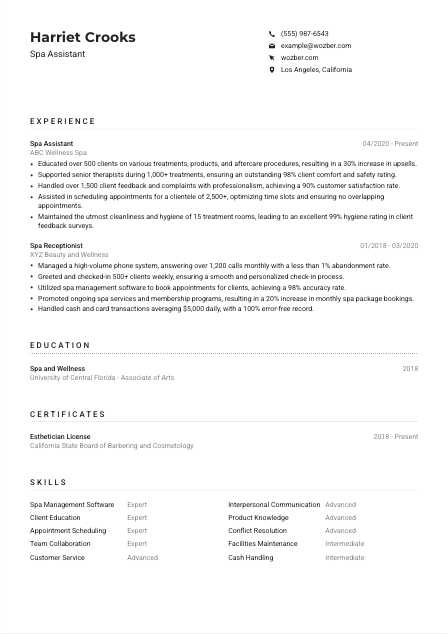 Spa Assistant Resume Example
