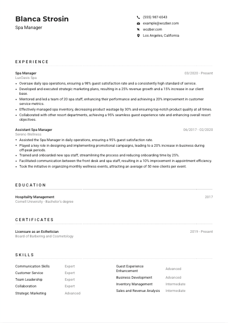 Spa Manager CV Example