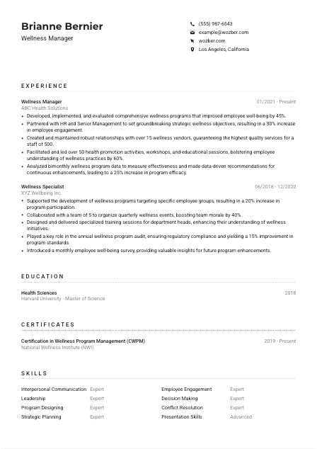 Wellness Manager Resume Example