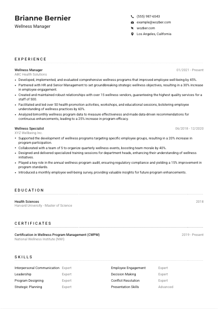 Wellness Manager CV Example