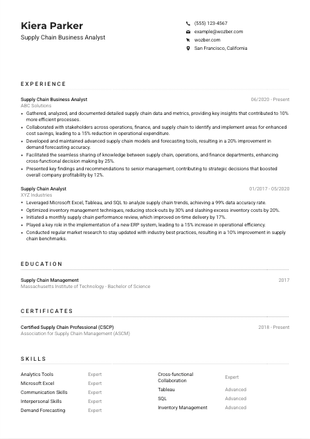 Supply Chain Business Analyst Resume Example