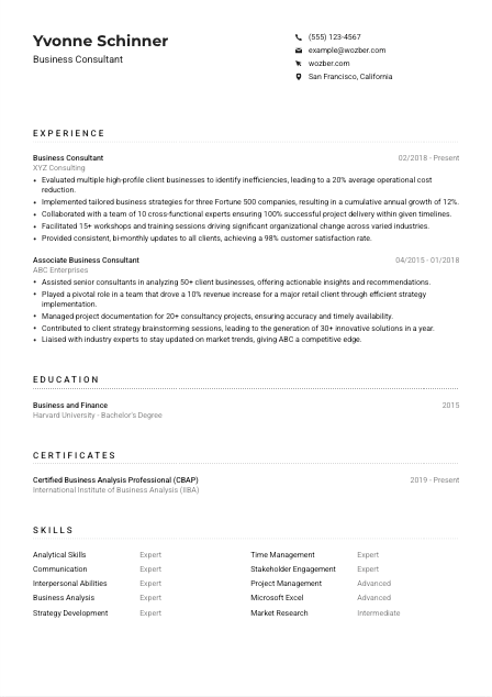 Business Consultant CV Example