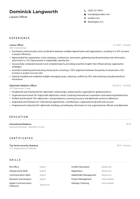 Liaison Officer Resume Example