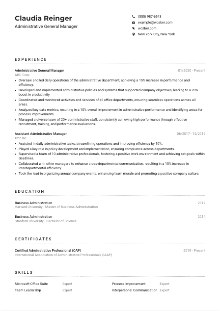 Administrative General Manager CV Example