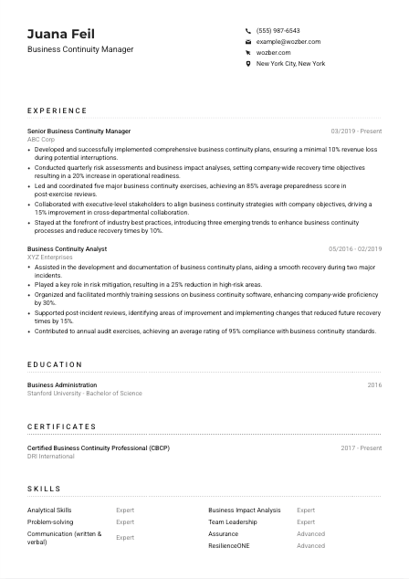 Business Continuity Manager CV Example