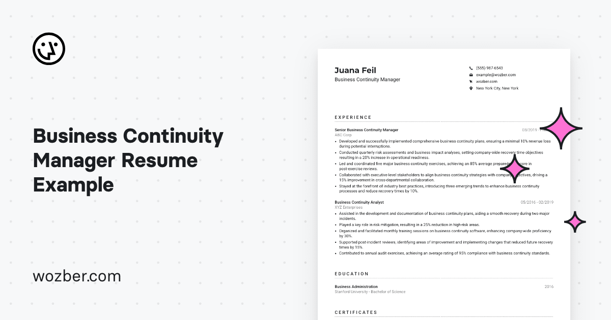 Business Continuity Manager Resume Example