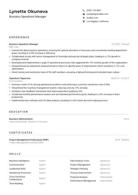 Business Operations Manager Resume Example
