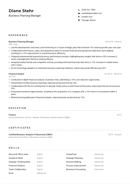 Business Planning Manager CV Example