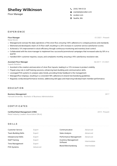 Floor Manager Resume Example