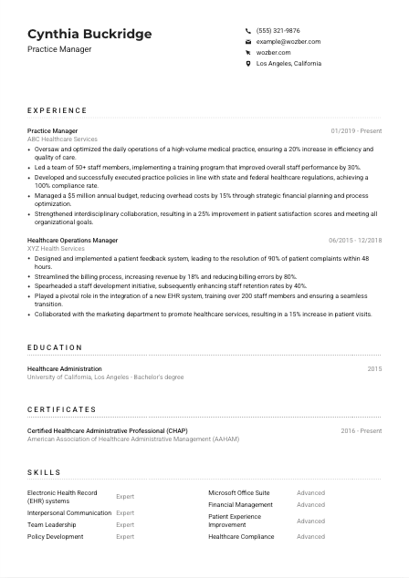 Practice Manager CV Example