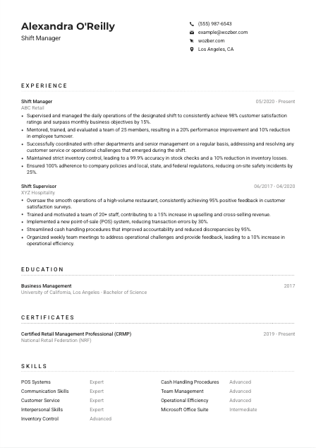 Shift Manager CV Example