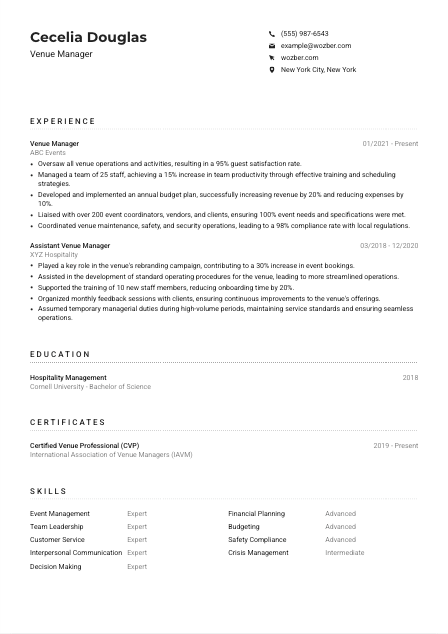 Venue Manager Resume Example