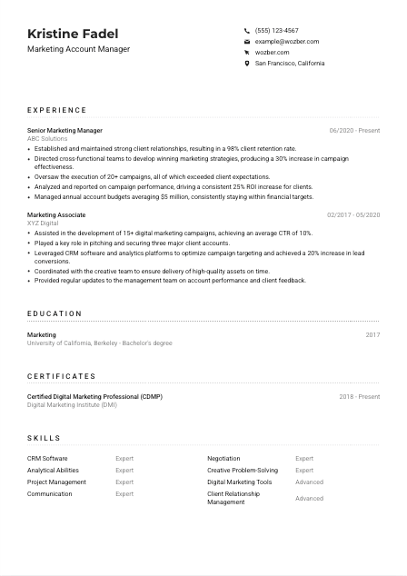 Marketing Account Manager CV Example