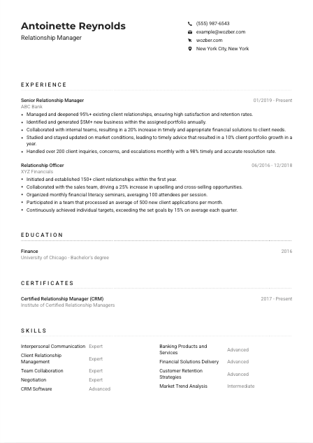 Relationship Manager Resume Example